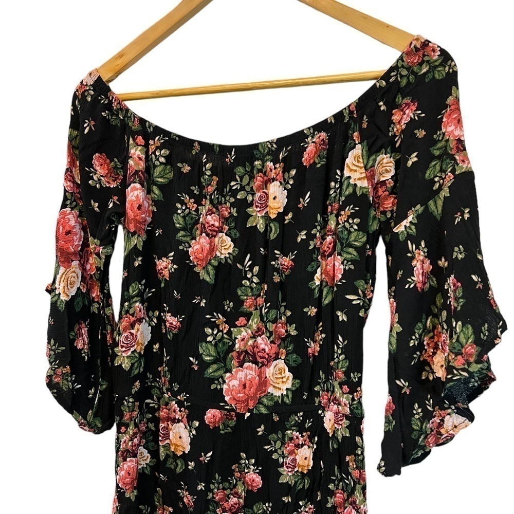 Black Floral Print Off the Shoulder Drawstring Waist Short Romper M - Picture 4 of 10